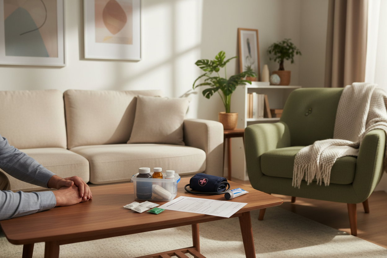 high quality comforting image of someone holding a hand in a a tidy, safe-looking living room with medical kit of hospital discharge bundle essentials